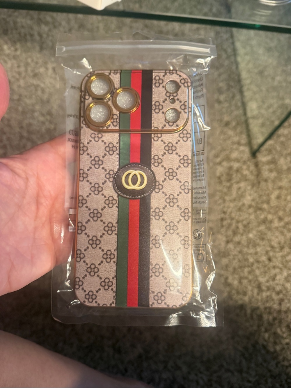 Luxury Patterned Phone Case with Red and Green Stripe - Gold Trim